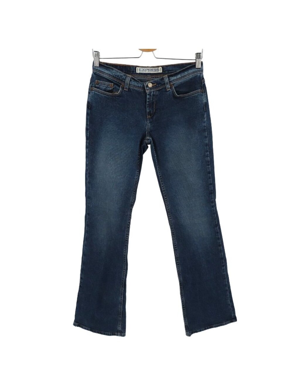 Express Women 3/4 Long Low Slung Flare Stretch Medium Blue Denim Jeans Y2K
